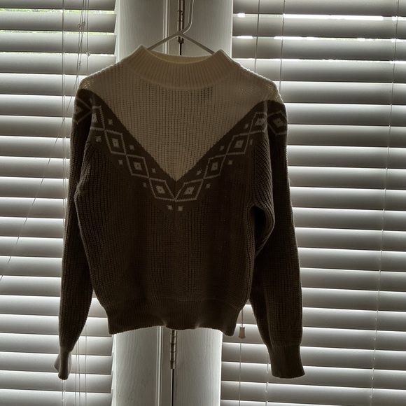 Cabin Creek Brown and Cream Crew Neck Sweater with Geometric Design - Picture 1 of 5